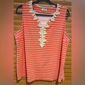 crown & ivy Coral/pink and White Striped Tank with Lace Accents size 2XL